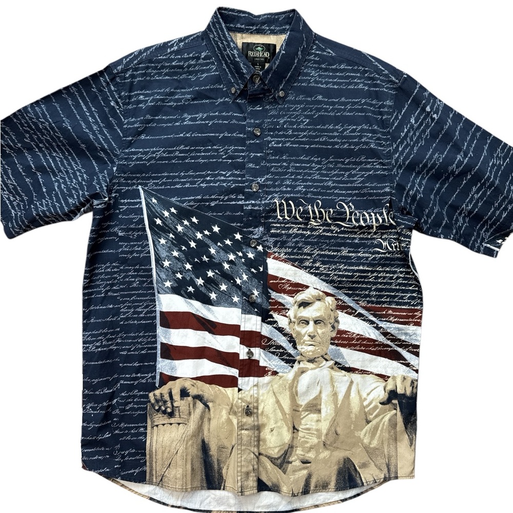 Redhead American Button Down Men’s Size Large‎ Short Sleeve Abraham Lincoln Flag